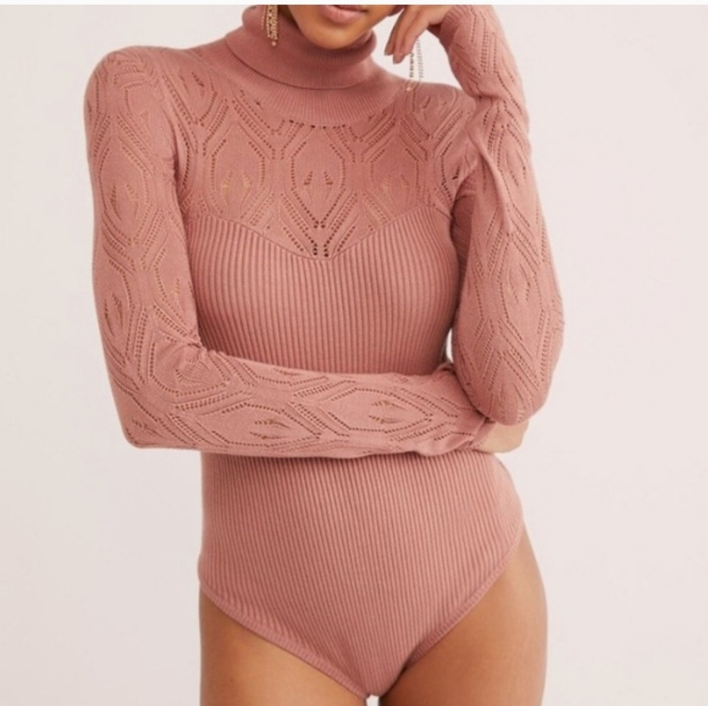 Free People Dusty Rose Ribbed Turtleneck Bodysuit